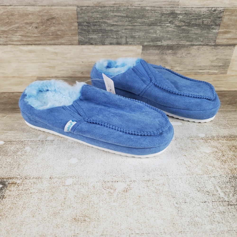 KUAILU Womens Flat Slippers Sz 9 Blue Suede Comfort Slip On Round Toe Footbed
